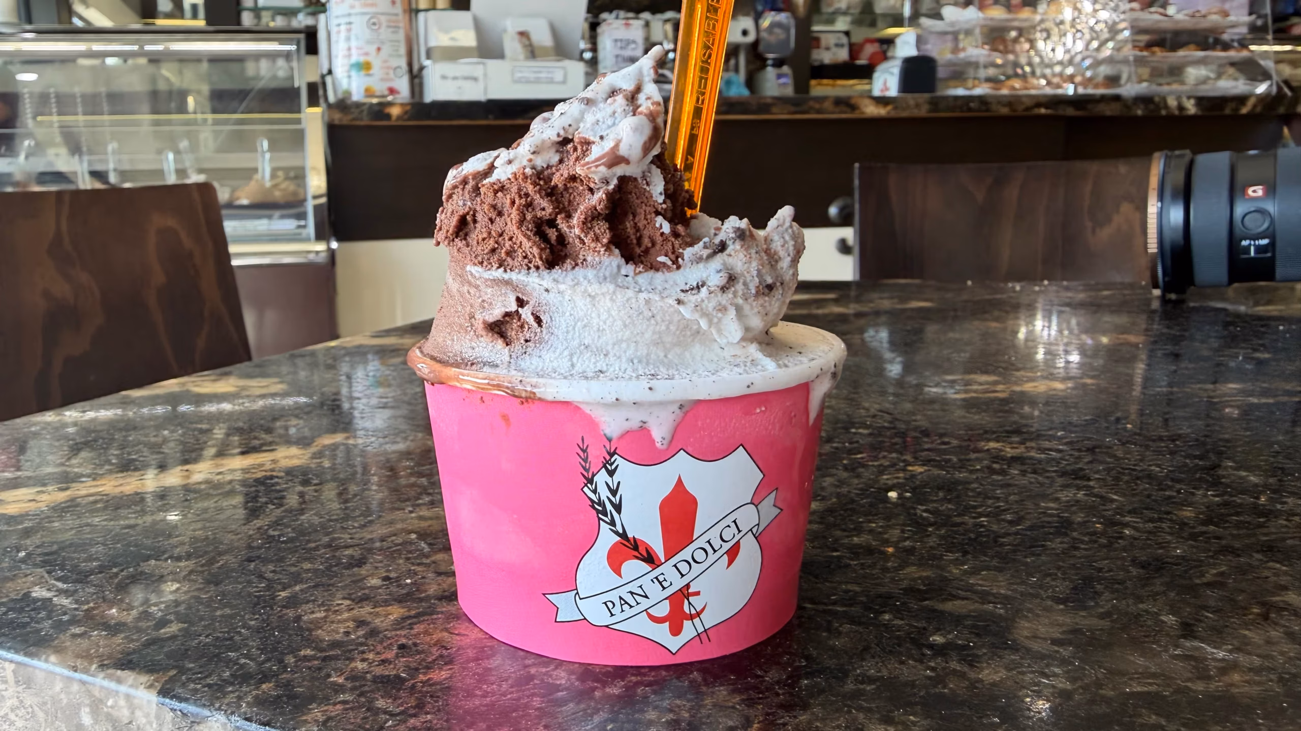 Chocolate and vanilla gelato from Pan e Dolci in Lauderdale-by-the-Sea on a marble table