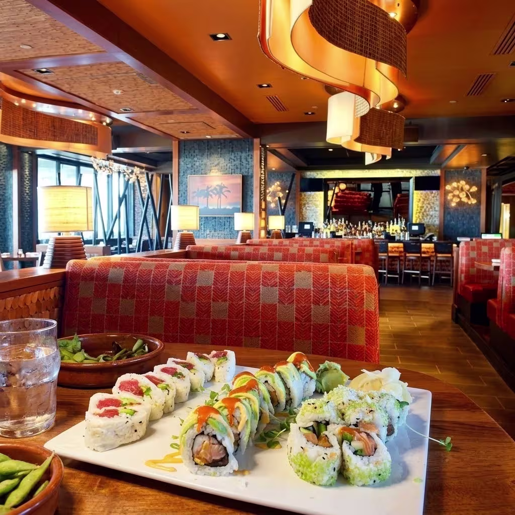 Sushi rolls served on a table inside a warm, upscale restaurant with booth seating