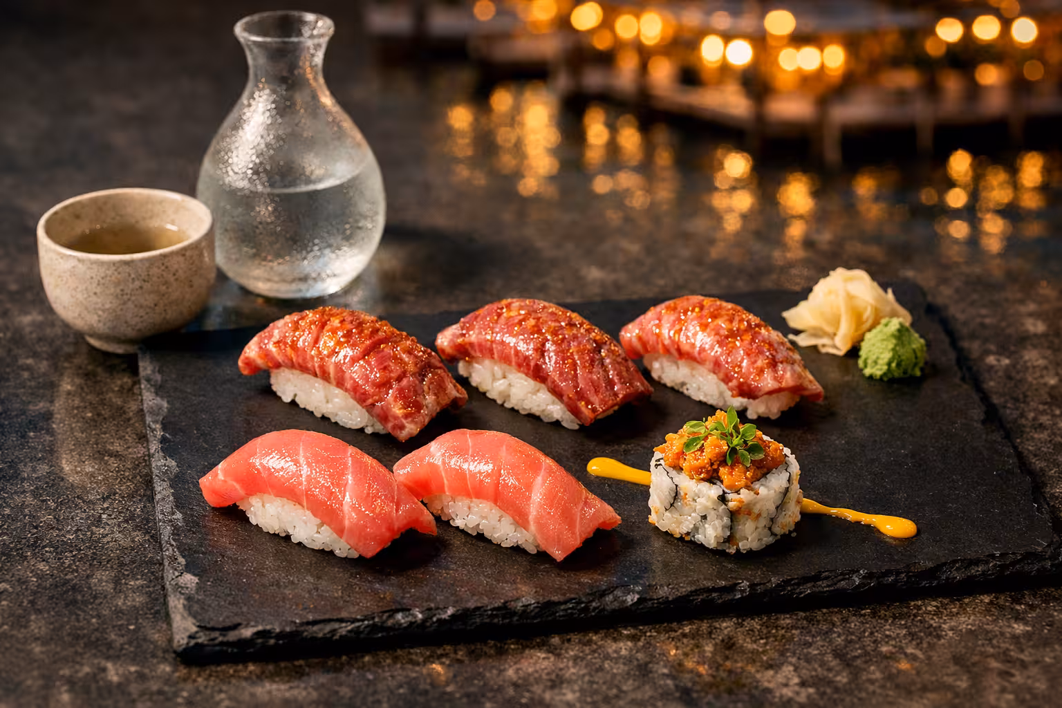 A5 Wagyu and bluefin toro nigiri platter on a black slate board with sake carafe at an omakase restaurant in Fort Lauderdale