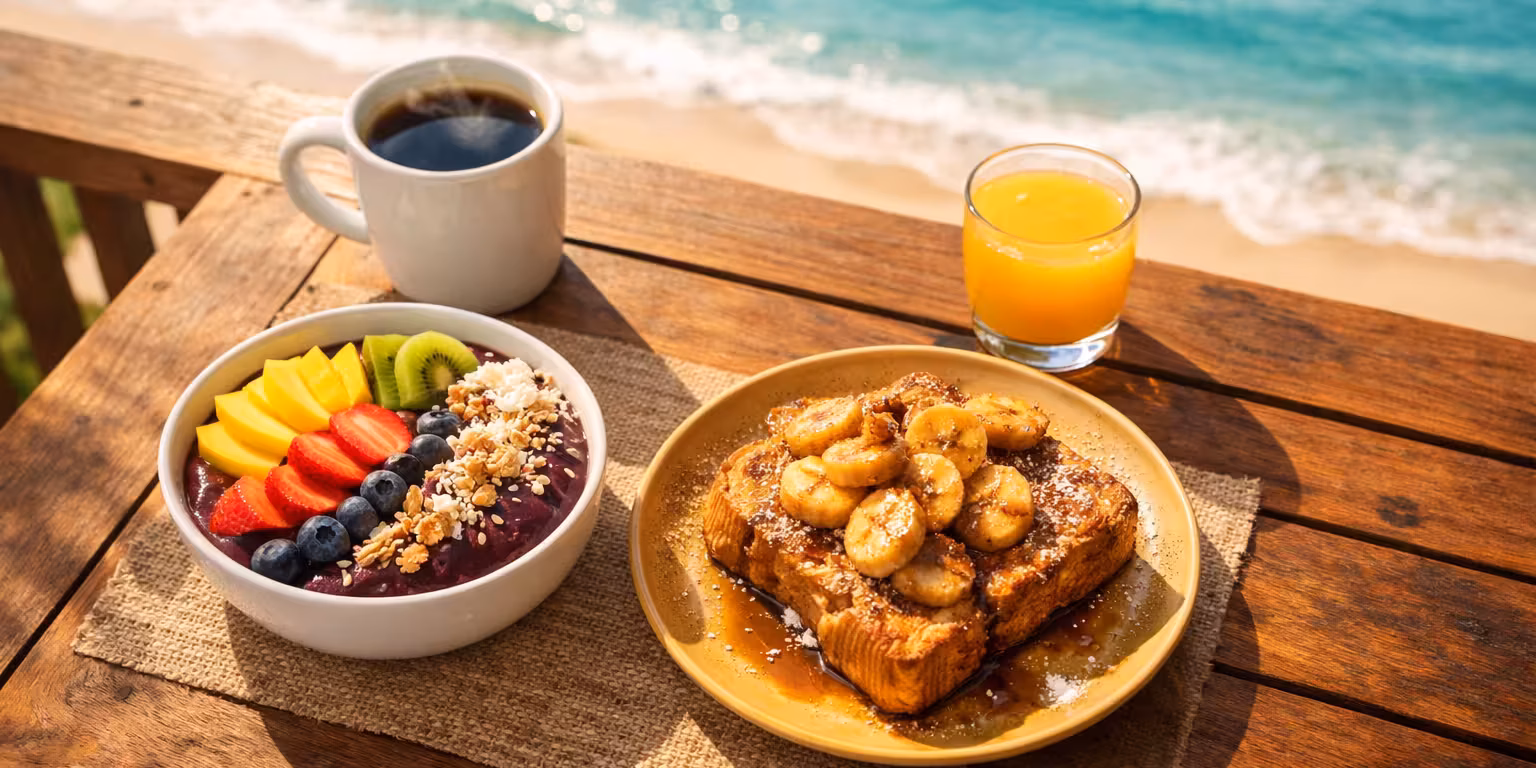 Acai bowl with fresh fruits and bananas foster French toast on a wooden table overlooking the ocean in Lauderdale-by-the-Sea