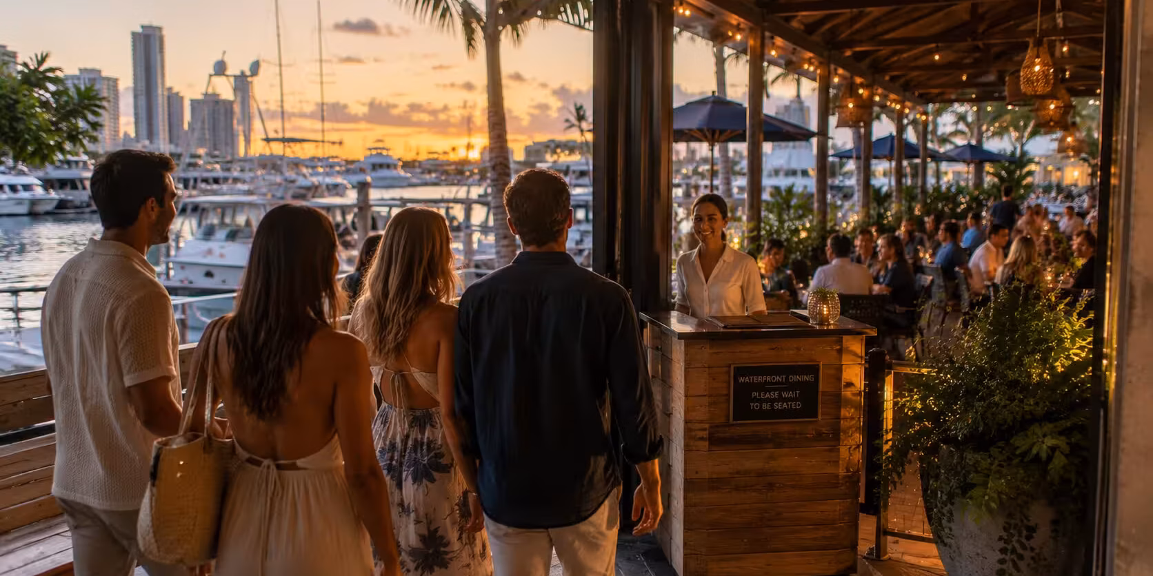 Best seafood restaurants in Fort Lauderdale Group of friends arriving at a lively waterfront restaurant in Fort Lauderdale at sunset