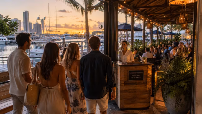 Best seafood restaurants in Fort Lauderdale Group of friends arriving at a lively waterfront restaurant in Fort Lauderdale at sunset