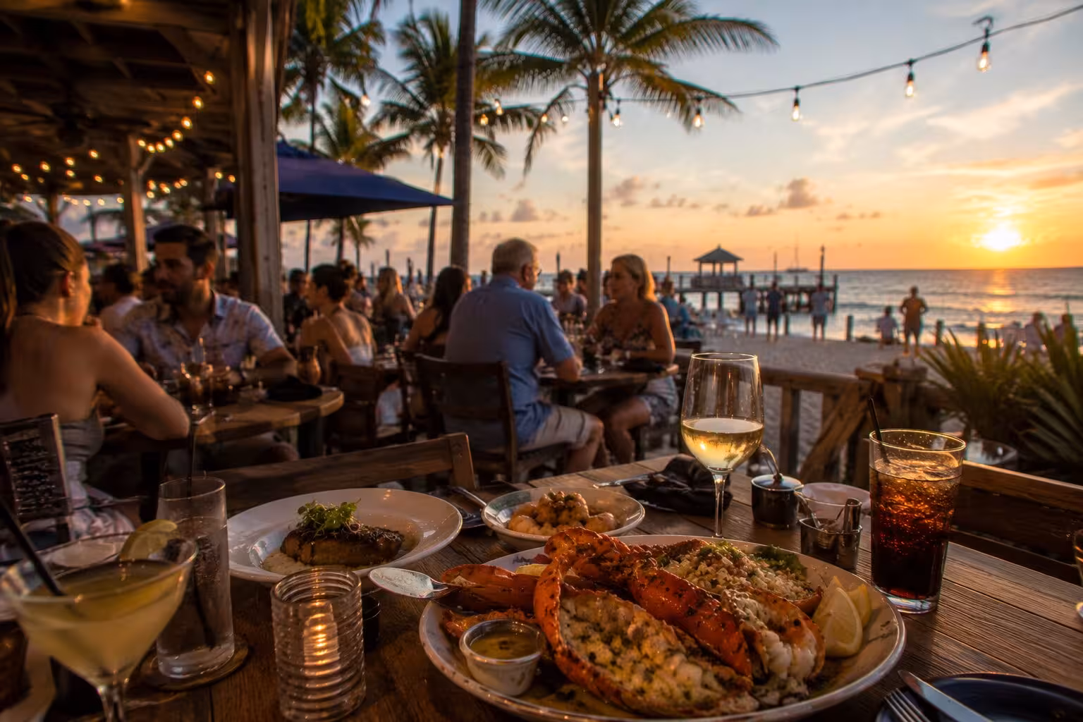 Seafood dishes and drinks served on a beachfront restaurant terrace at sunset