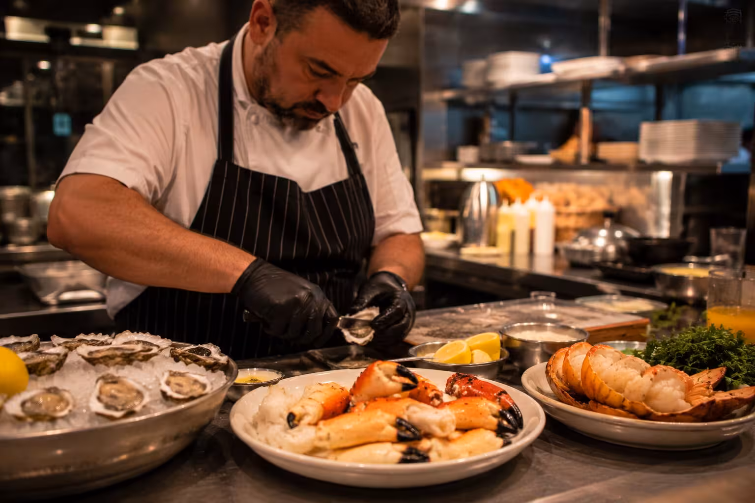 Chef preparing fresh oysters and seafood in a professional kitchen