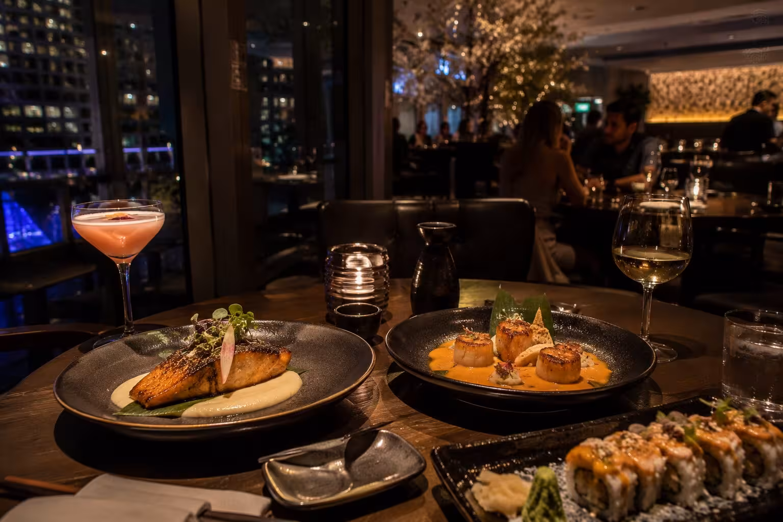 Upscale seafood and sushi dishes served in a modern fine dining restaurant